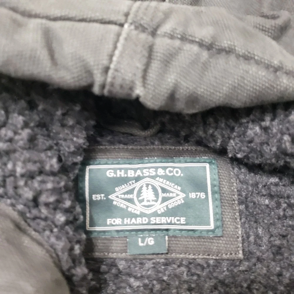 G.H. Bass Jacket Mens Large Gray Canvas Sherpa Lined Full Zip Hooded Workwear